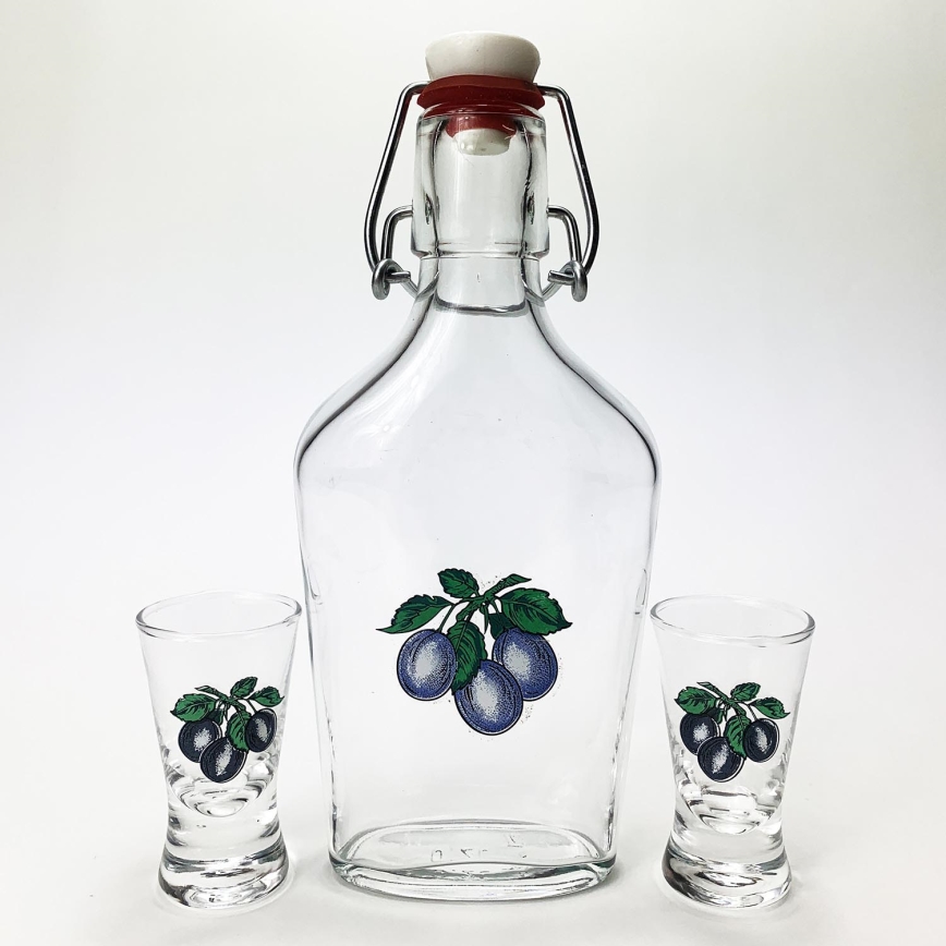 Set 1x Glasflasche und 2x Shot-Gläser klar mit Pflaumenmotiv