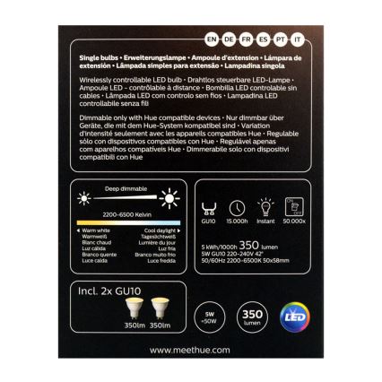 SET 2x Dimmbare LED-Glühbirne Philips Hue WHITE AMBIANCE GU10/5W/230V 2200-6500K