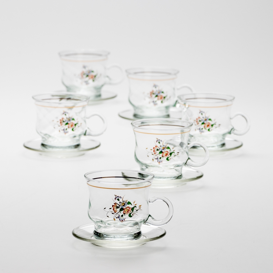 Set 6x Glastasse mit Untertasse klar Blumenstrauß Nr. 2