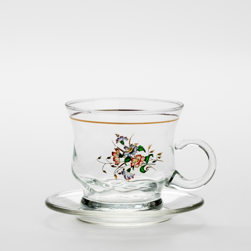 Set 6x Glastasse mit Untertasse klar Blumenstrauß Nr. 2