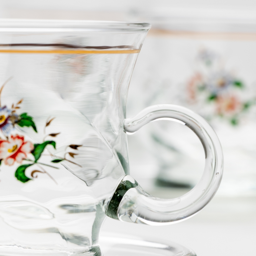 Set 6x Glastasse mit Untertasse klar Blumenstrauß Nr. 2