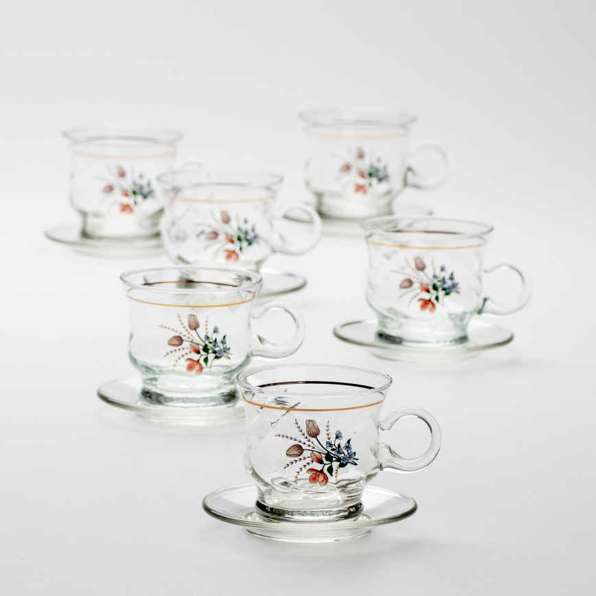 Set 6x Glastasse mit Untertasse klar Blumenstrauß Nr. 3