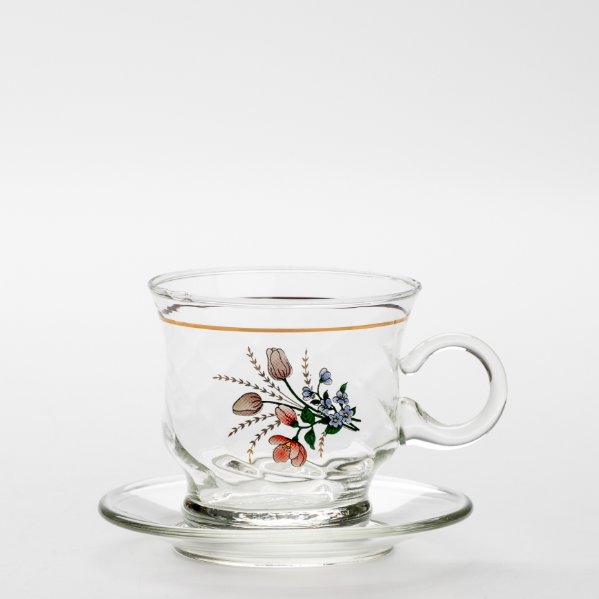 Set 6x Glastasse mit Untertasse klar Blumenstrauß Nr. 3