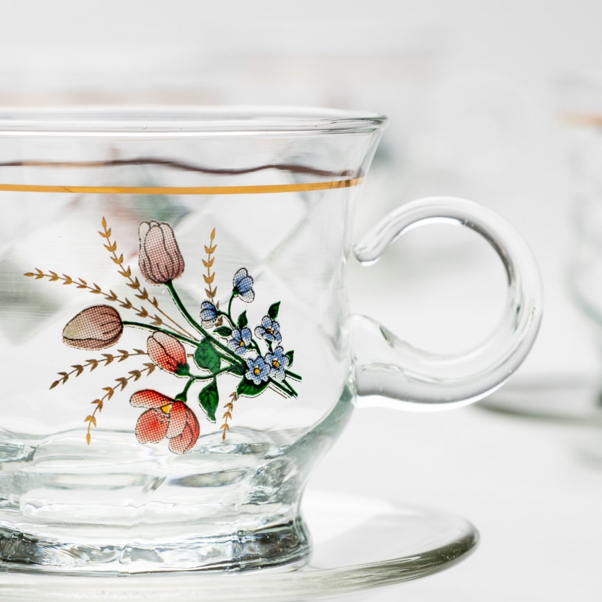 Set 6x Glastasse mit Untertasse klar Blumenstrauß Nr. 3
