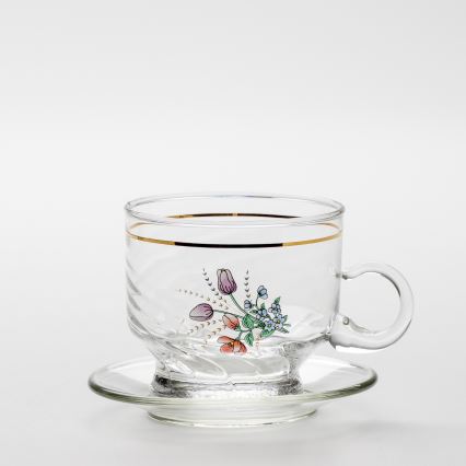Set 6x Glastasse mit Untertasse klar Blumenstrauß Nr. 5