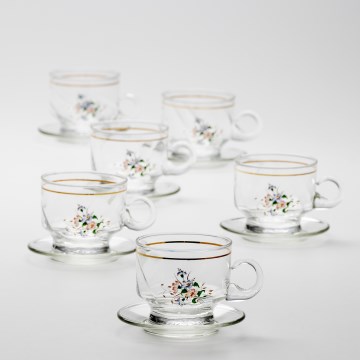 Set 6x Glastasse mit Untertasse klar Blumenstrauß Nr. 8