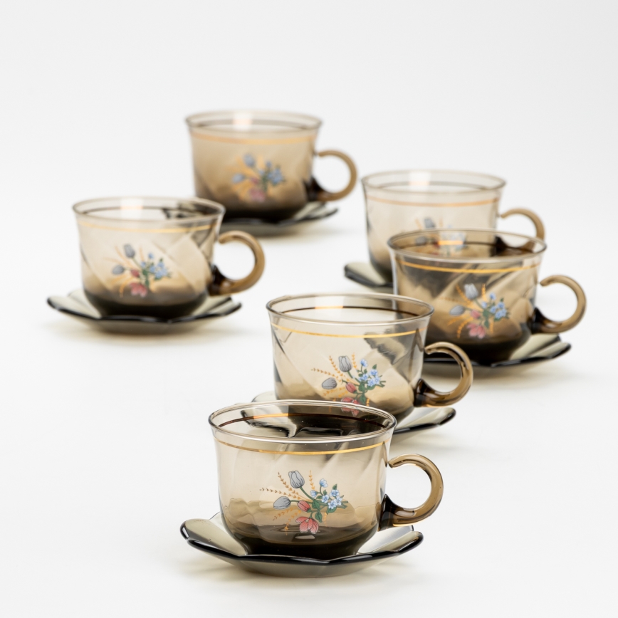 Set 6x Glastasse mit Untertasse rauchig Blumenstrauß Nr. 2