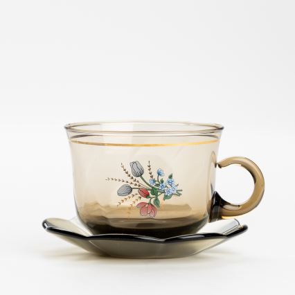 Set 6x Glastasse mit Untertasse rauchig Blumenstrauß Nr. 2