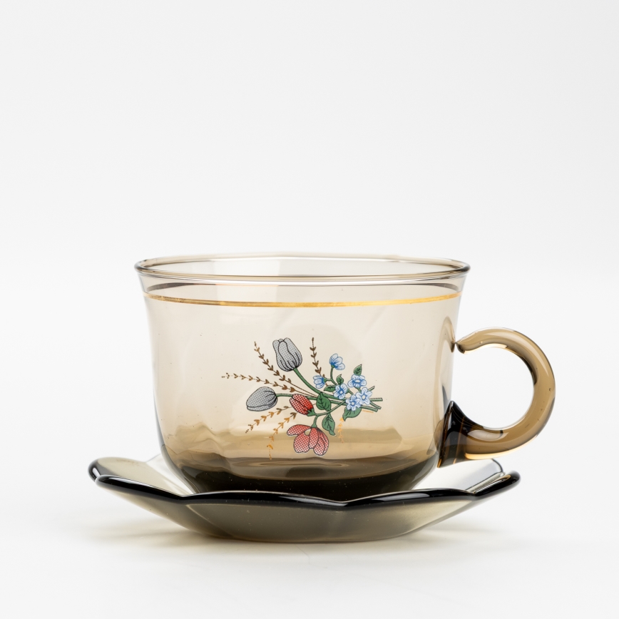 Set 6x Glastasse mit Untertasse rauchig Blumenstrauß Nr. 2