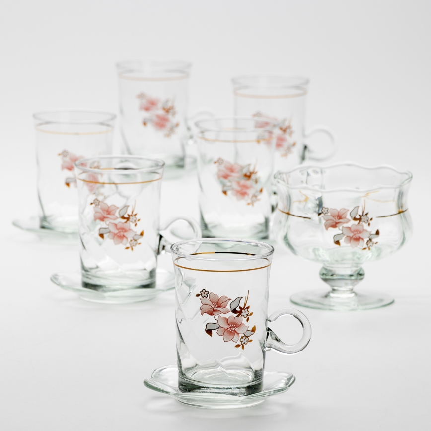 Set 6x Glastasse mit Untertasse und 1x Zuckerdose klar Blumenstrauß Nr. 2