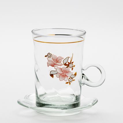 Set 6x Glastasse mit Untertasse und 1x Zuckerdose klar Blumenstrauß Nr. 2