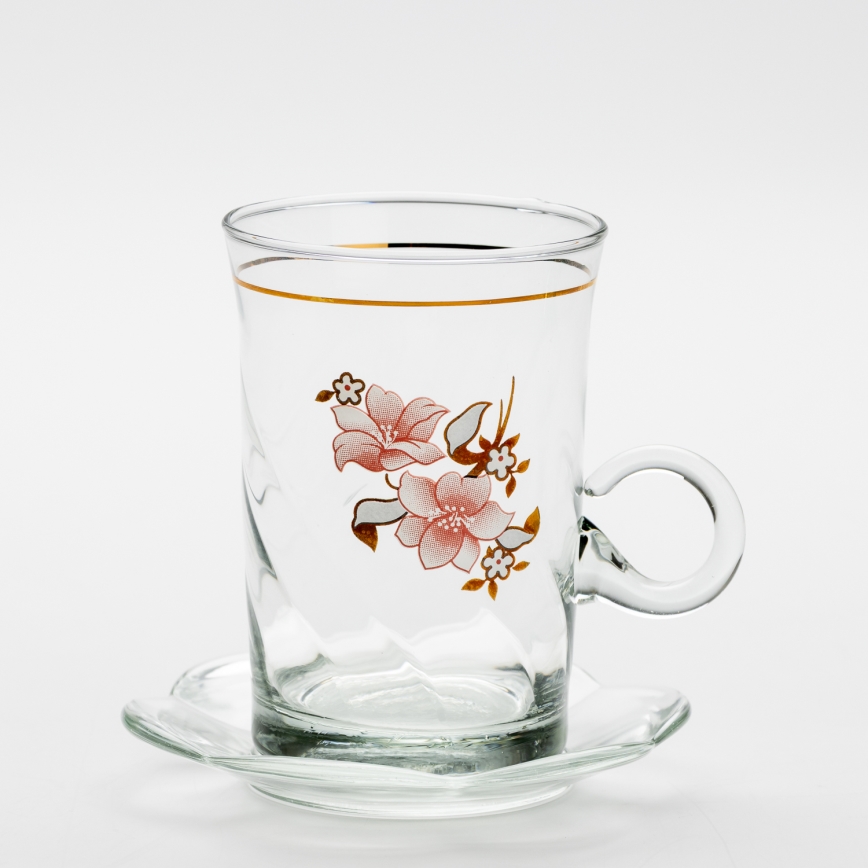 Set 6x Glastasse mit Untertasse und 1x Zuckerdose klar Blumenstrauß Nr. 2