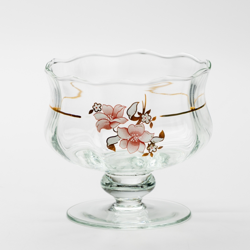 Set 6x Glastasse mit Untertasse und 1x Zuckerdose klar Blumenstrauß Nr. 2