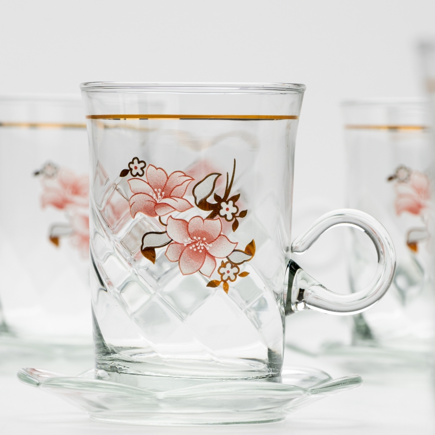 Set 6x Glastasse mit Untertasse und 1x Zuckerdose klar Blumenstrauß Nr. 2