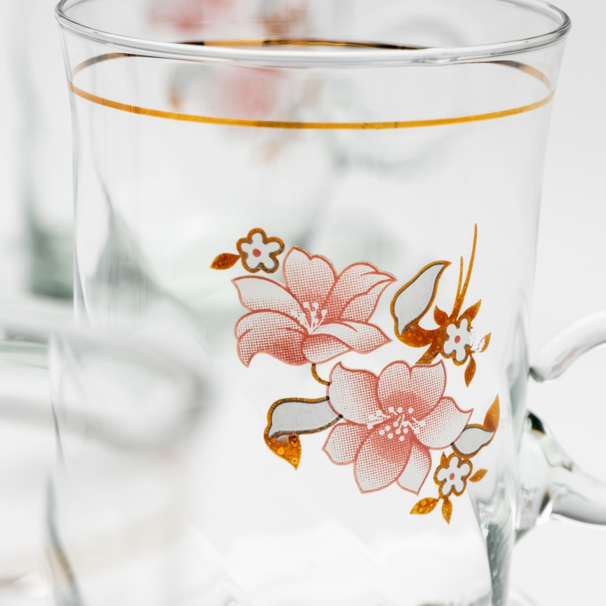Set 6x Glastasse mit Untertasse und 1x Zuckerdose klar Blumenstrauß Nr. 2