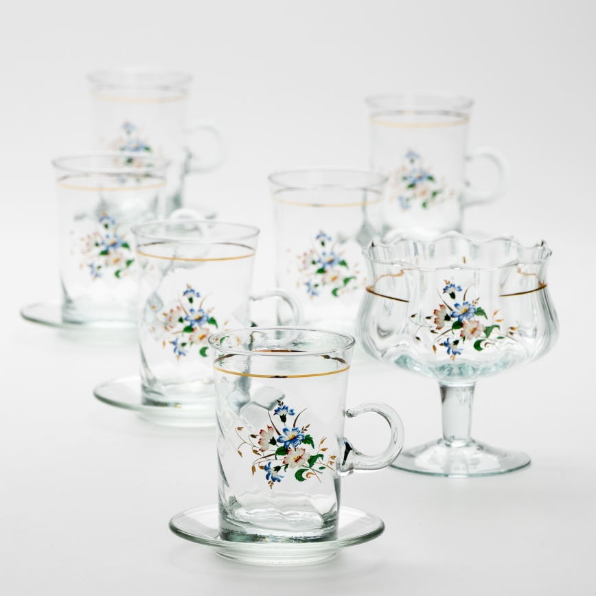 Set 6x Glastasse mit Untertasse und 1x Zuckerdose klar Blumenstrauß Nr. 3