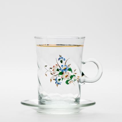 Set 6x Glastasse mit Untertasse und 1x Zuckerdose klar Blumenstrauß Nr. 3