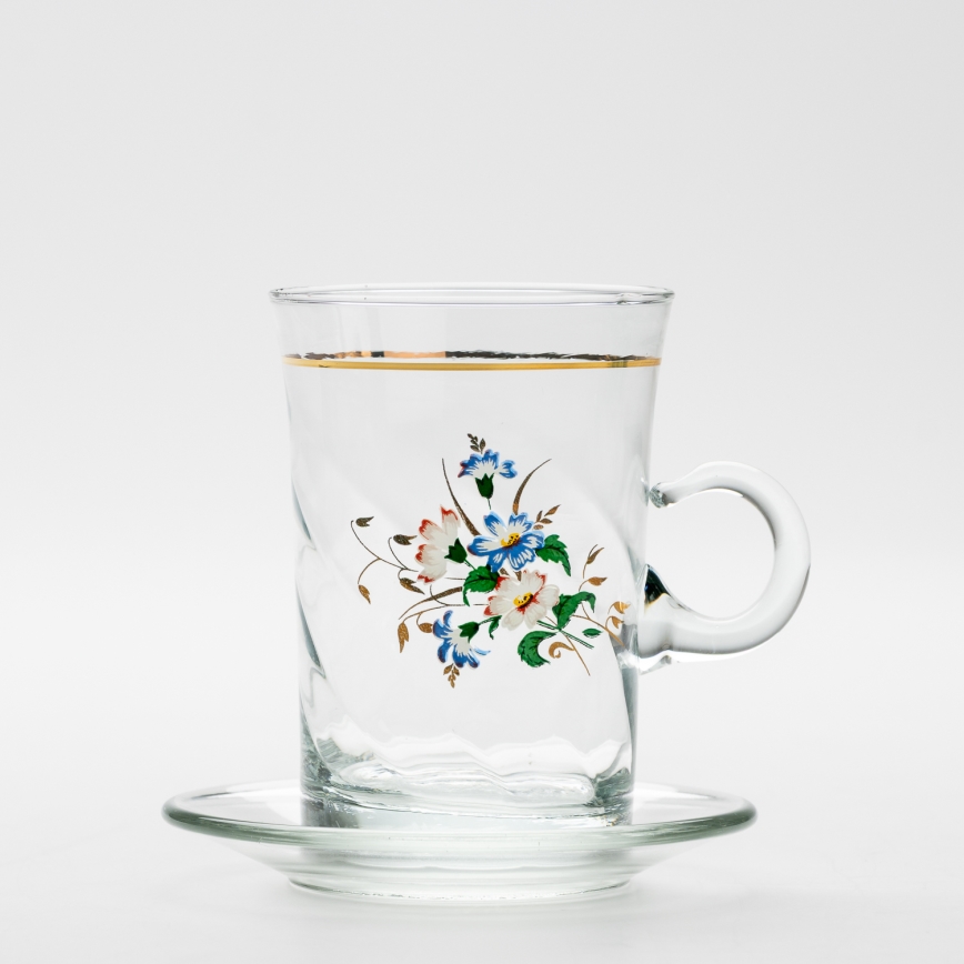 Set 6x Glastasse mit Untertasse und 1x Zuckerdose klar Blumenstrauß Nr. 3