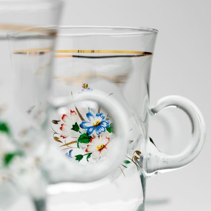 Set 6x Glastasse mit Untertasse und 1x Zuckerdose klar Blumenstrauß Nr. 3