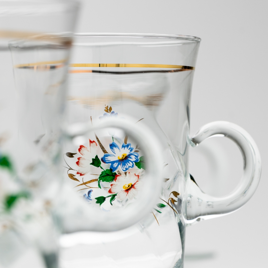 Set 6x Glastasse mit Untertasse und 1x Zuckerdose klar Blumenstrauß Nr. 3
