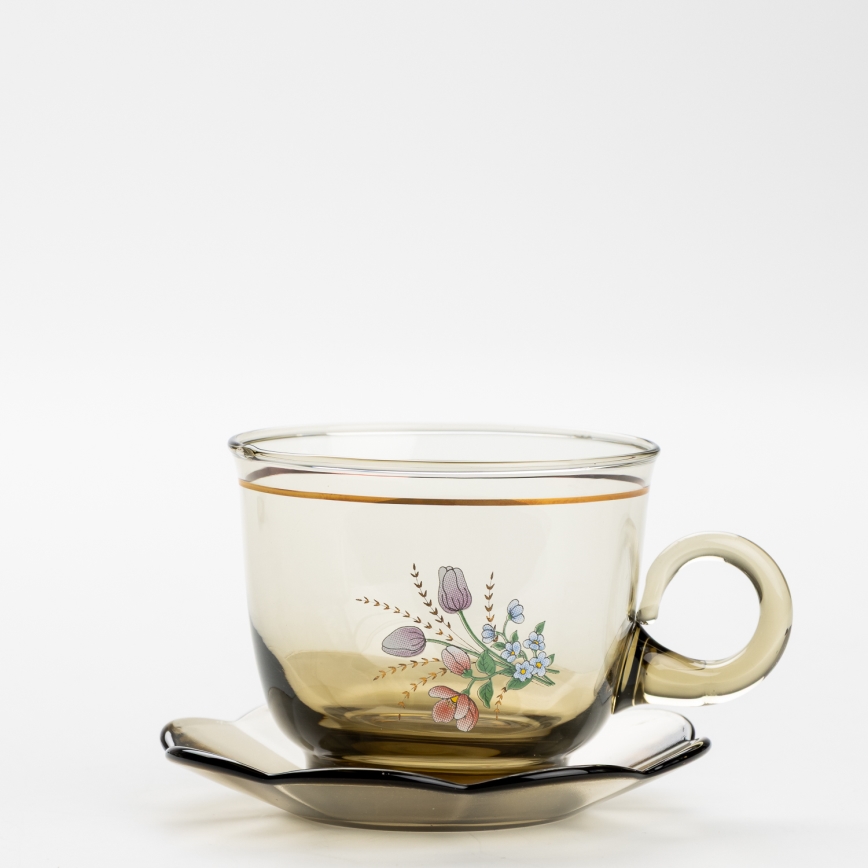 Set 6x Glastasse mit Untertasse und 1x Zuckerdose rauchig Blumenstrauß Nr. 2
