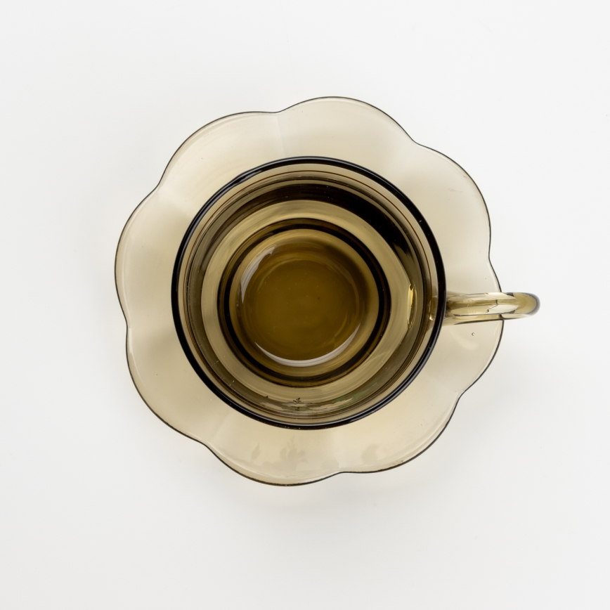Set 6x Glastasse mit Untertasse und 1x Zuckerdose rauchig Blumenstrauß Nr. 2