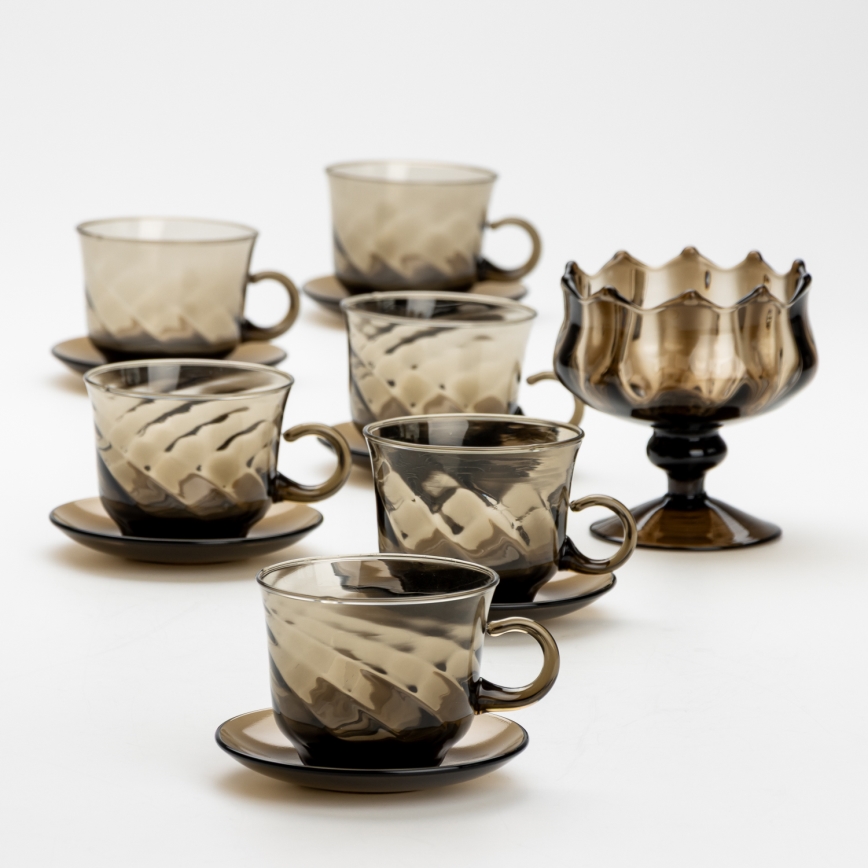 Set 6x Glastasse mit Untertasse und 1x Zuckerdose rauchig