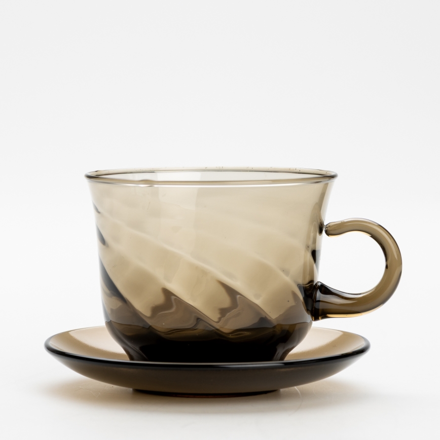 Set 6x Glastasse mit Untertasse und 1x Zuckerdose rauchig