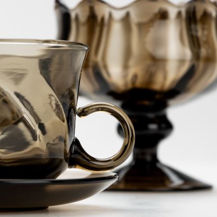 Set 6x Glastasse mit Untertasse und 1x Zuckerdose rauchig