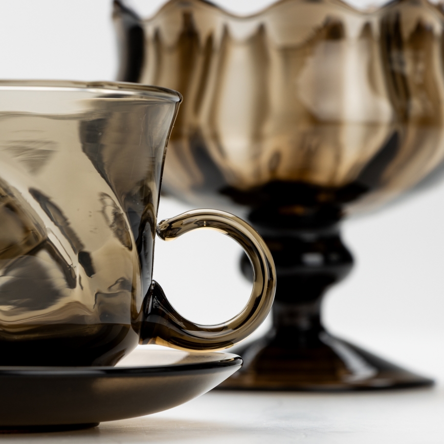Set 6x Glastasse mit Untertasse und 1x Zuckerdose rauchig
