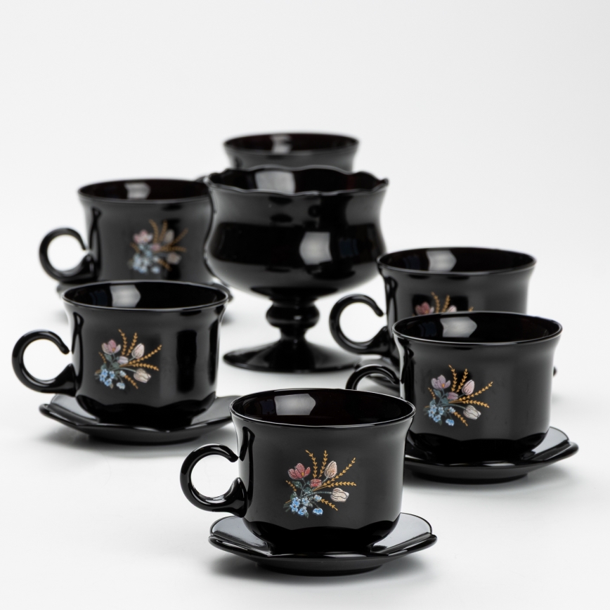 Set 6x Glastasse mit Untertasse und 1x Zuckerdose schwarz Blumenstrauß Nr. 1