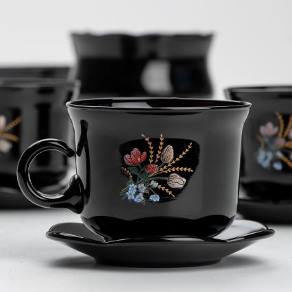 Set 6x Glastasse mit Untertasse und 1x Zuckerdose schwarz Blumenstrauß Nr. 1