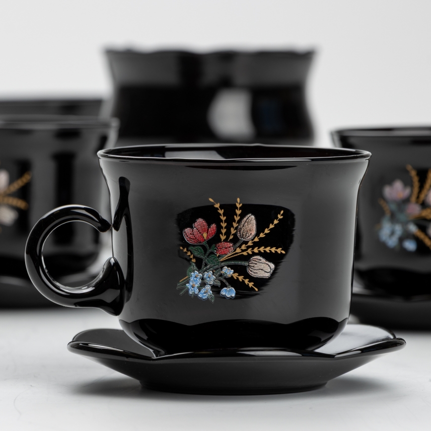Set 6x Glastasse mit Untertasse und 1x Zuckerdose schwarz Blumenstrauß Nr. 1