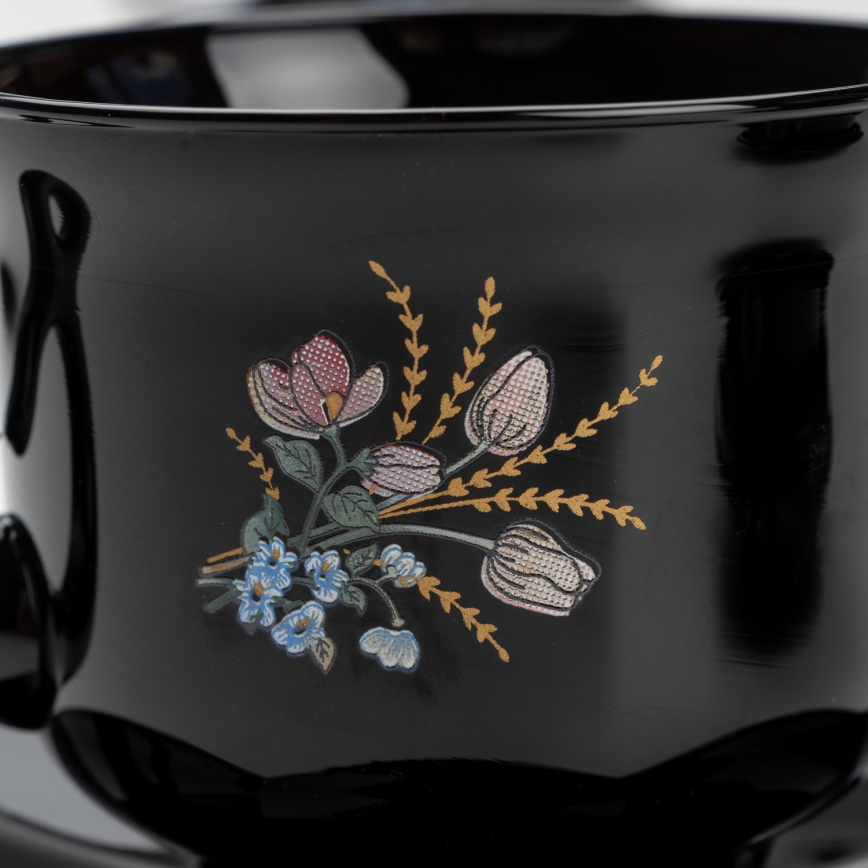 Set 6x Glastasse mit Untertasse und 1x Zuckerdose schwarz Blumenstrauß Nr. 1