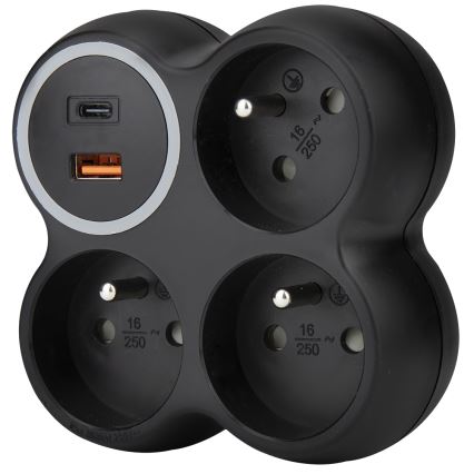 Steckdosenleiste 3×15 A mit USB-A- und USB-C-Anschlüssen, schwarz