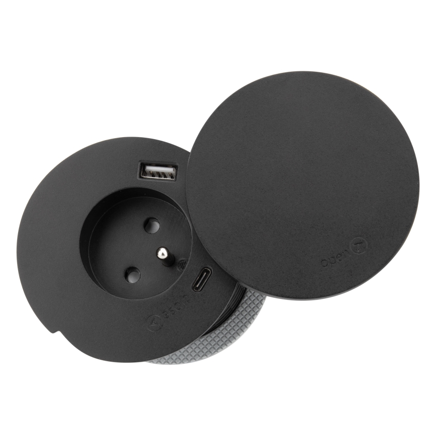 Einbausteckdose mit 10 W kabellosem Laden, 1x Steckdose + USB-A & USB-C, schwarz