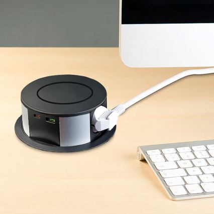 Steckdosensäule für Tischplatte mit kabellosem Qi-Ladegerät 3x230V + 1xUSB-A + 1xUSB-C schwarz/silber