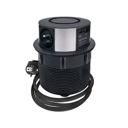 Steckdosensäule für Tischplatte mit kabellosem Qi-Ladegerät 3x230V + 1xUSB-A + 1xUSB-C schwarz/silber