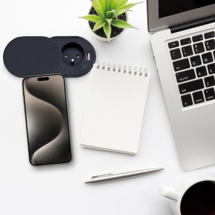 Einbausteckdose mit Schiebeabdeckung 20W, 1x Steckdose + USB A+C, schwarz