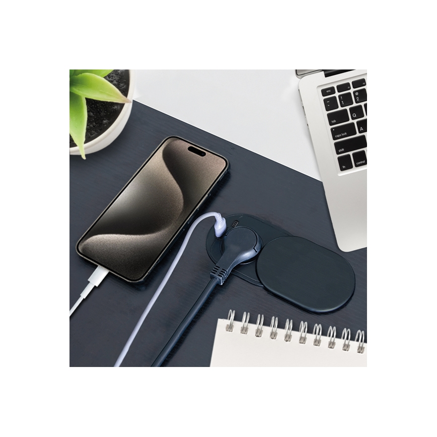 Einbausteckdose mit Schiebeabdeckung 20W, 1x Steckdose + USB A+C, schwarz