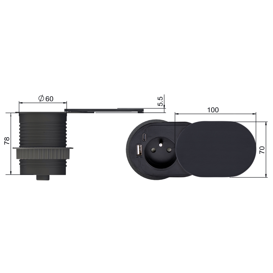 Einbausteckdose mit Schiebeabdeckung 20W, 1x Steckdose + USB A+C, schwarz