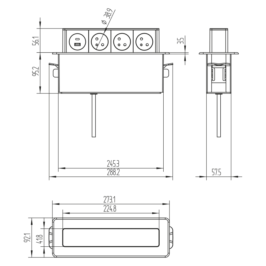Steckdosensäule für Tischplatte 3x230V + USB-A + USB-C