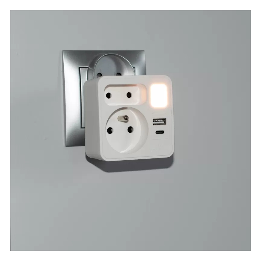 Steckdosenverteiler 2 Steckdosen + USB-C + USB-A mit LED-Beleuchtung LED/0,5W/230V 3000K