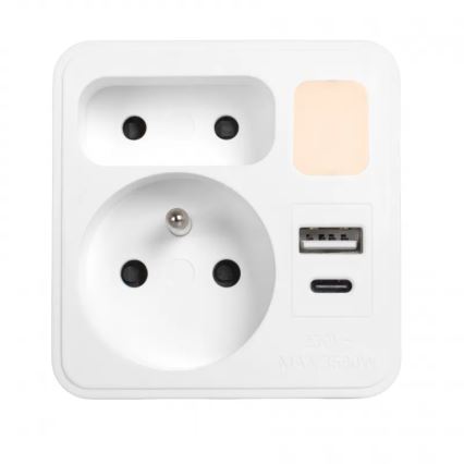 Steckdosenverteiler 2 Steckdosen + USB-C + USB-A mit LED-Beleuchtung LED/0,5W/230V 3000K