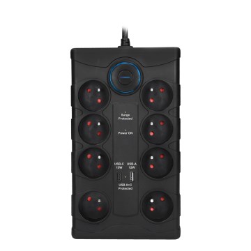 Steckdosenleiste mit Schalter, 8-fach, Typ E, 1x USB-A + 1x USB-C, 2 m, schwarz