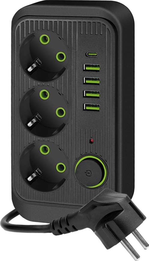 Steckdosenleiste mit Schalter LINEA 3x230V + 5xUSB A/C SCHUKO 3 m schwarz