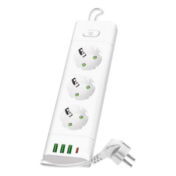 Steckdosenleiste mit Schalter LINEA PRO 3x230V + 3xUSB-A + 1xUSB-C SCHUKO 1,5 m weiß