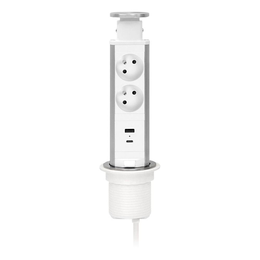 Steckdosensäule zur Montage in der Tischplatte, 2×230 V + USB‑A + USB‑C