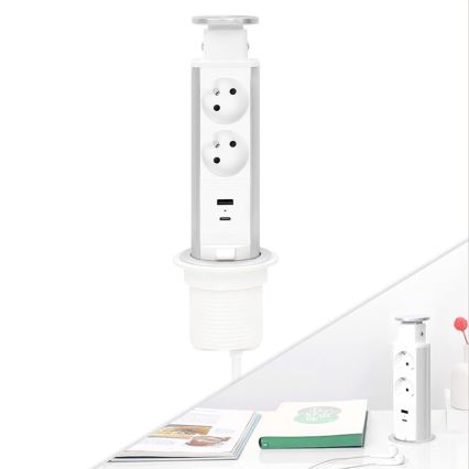 Steckdosensäule zur Montage in der Tischplatte, 2×230 V + USB‑A + USB‑C