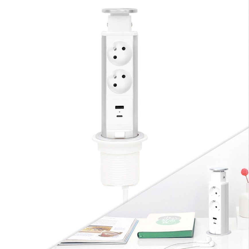 Steckdosensäule zur Montage in der Tischplatte, 2×230 V + USB‑A + USB‑C
